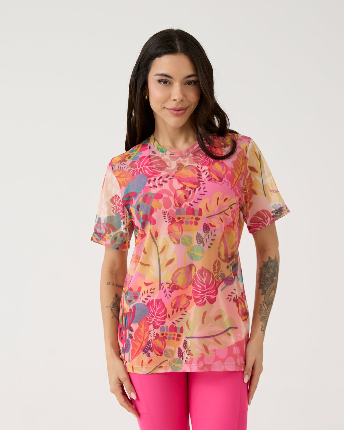 Camisão de Tule Estampado - Floral Pink