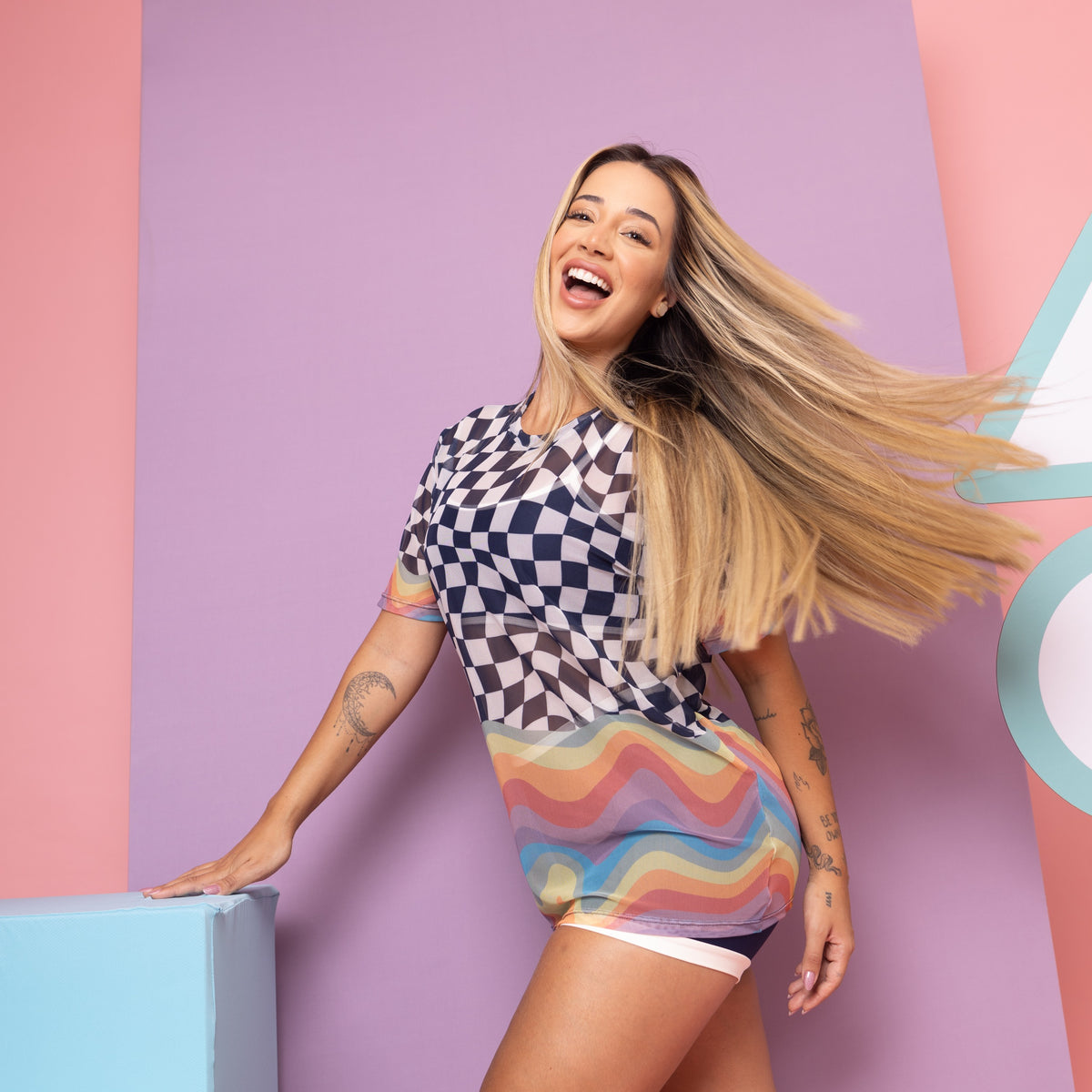 Camisão De Tule Estampado - Square Rainbow