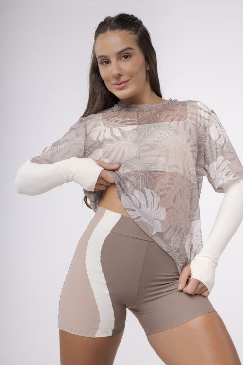 Camisão De Tule Estampado - Costela Nude