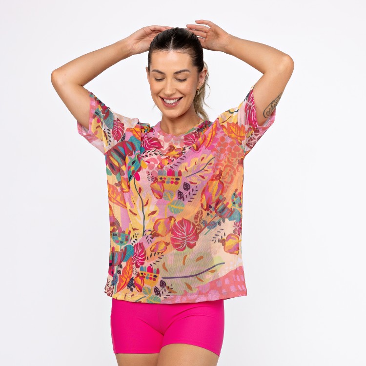 Camisão de Tule Estampado - Floral Pink