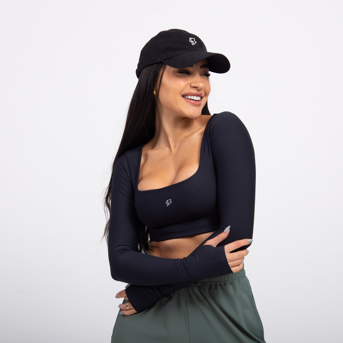Top Cropped Manga Longa Sleek - Preto