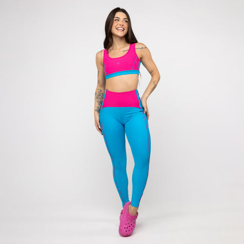 Legging Cós Anatômico Pala - Azul Malibu com Vivo Pink