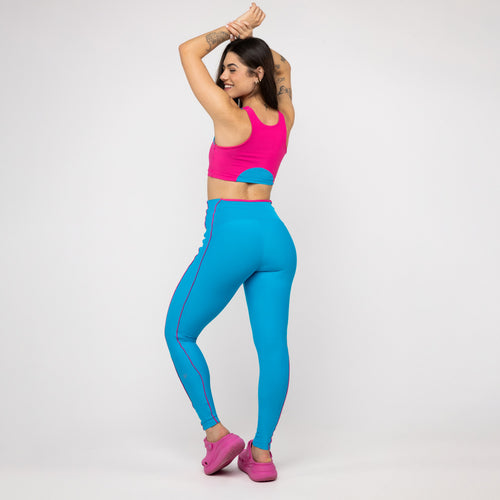 Legging Cós Anatômico Pala - Azul Malibu com Vivo Pink