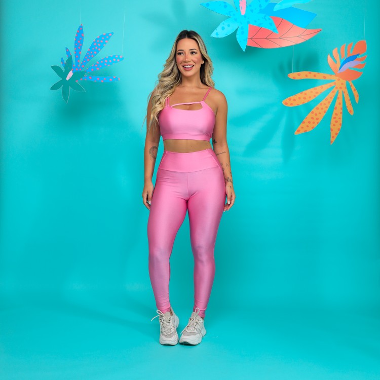 Legging Fit Bolso Cós Shine - Rosa Chiclete