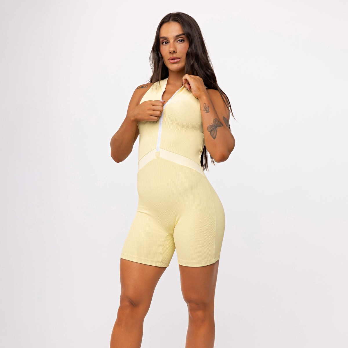 Macaquinho Alongado Power Zip Canelado - Amarelo Manteiga
