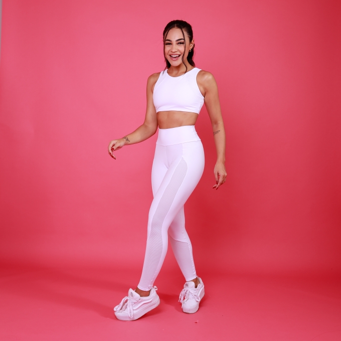 Conjunto Top Cavado e Legging Recorte Tela - Branco