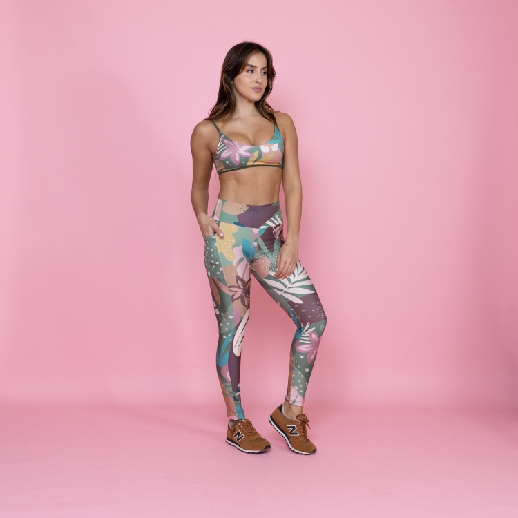 Conjunto Topinho Barra e Legging Bolso Unilateral  Mountain Leaf