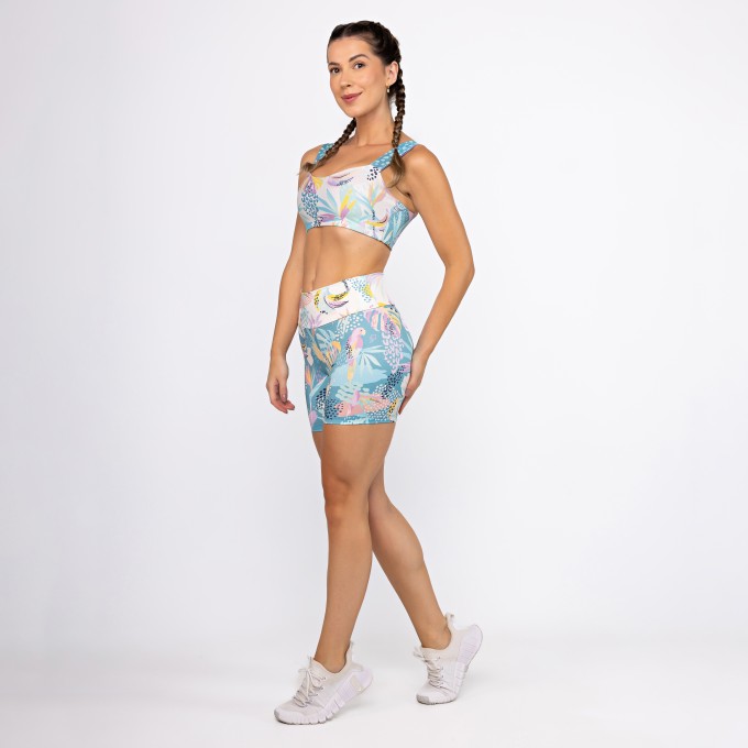 Conjunto Top Vintage Dupla Face & Short Alongado Araras Aquarela