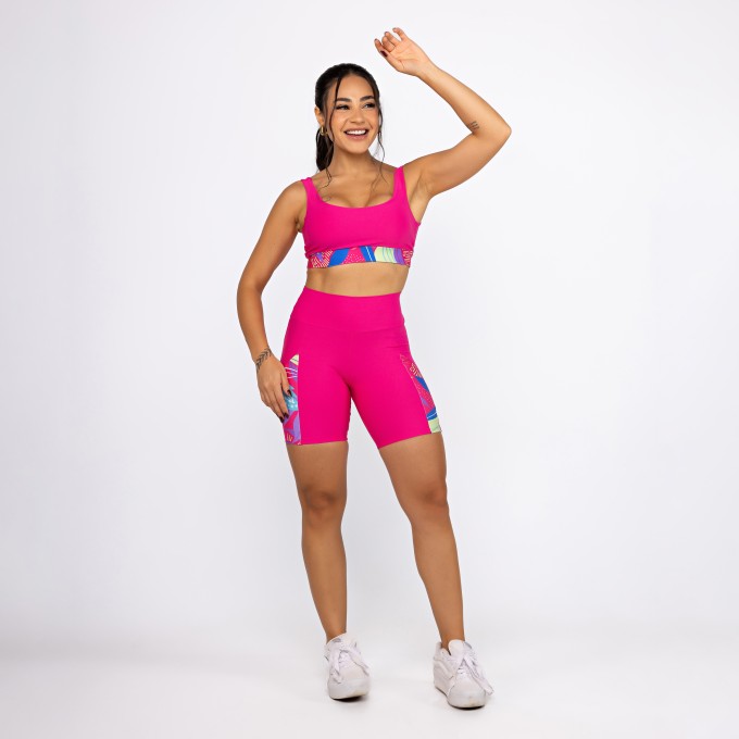 Conjunto Top Camiseta & Bermuda Contour Fit Est - Pink Color Leaf