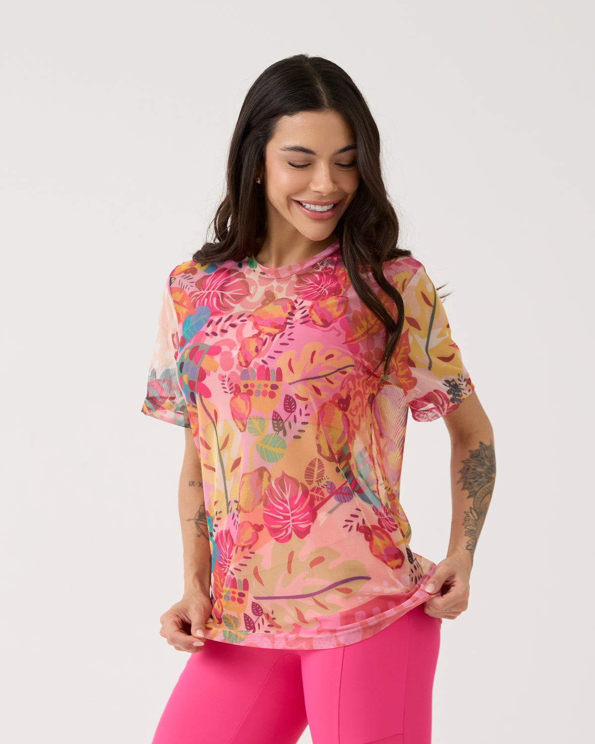 Camisão de Tule Estampado - Floral Pink
