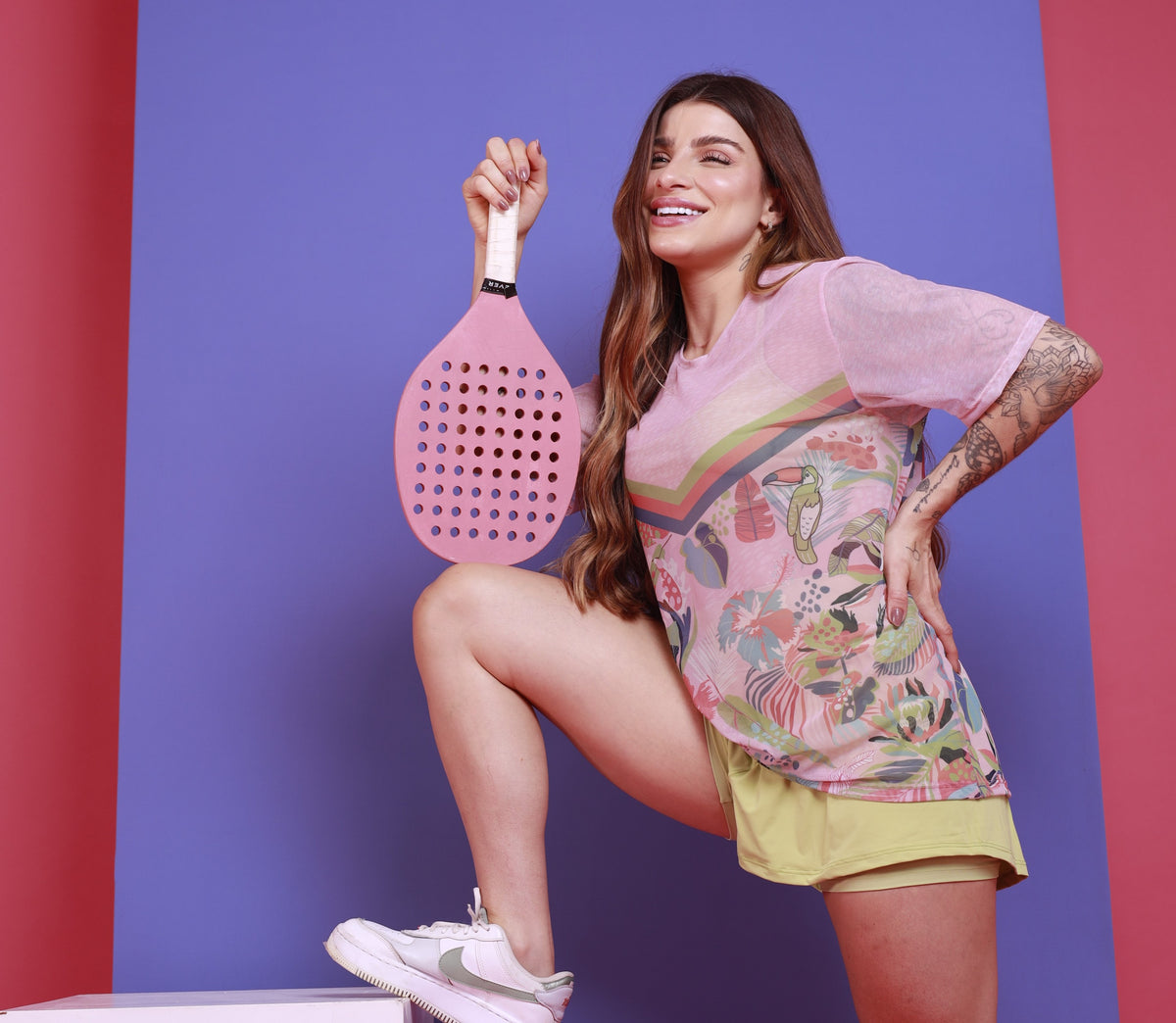 Camisão de Tule Estampado - Folhagem Tucano