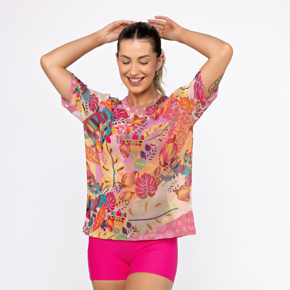 Camisão de Tule Estampado - Floral Pink