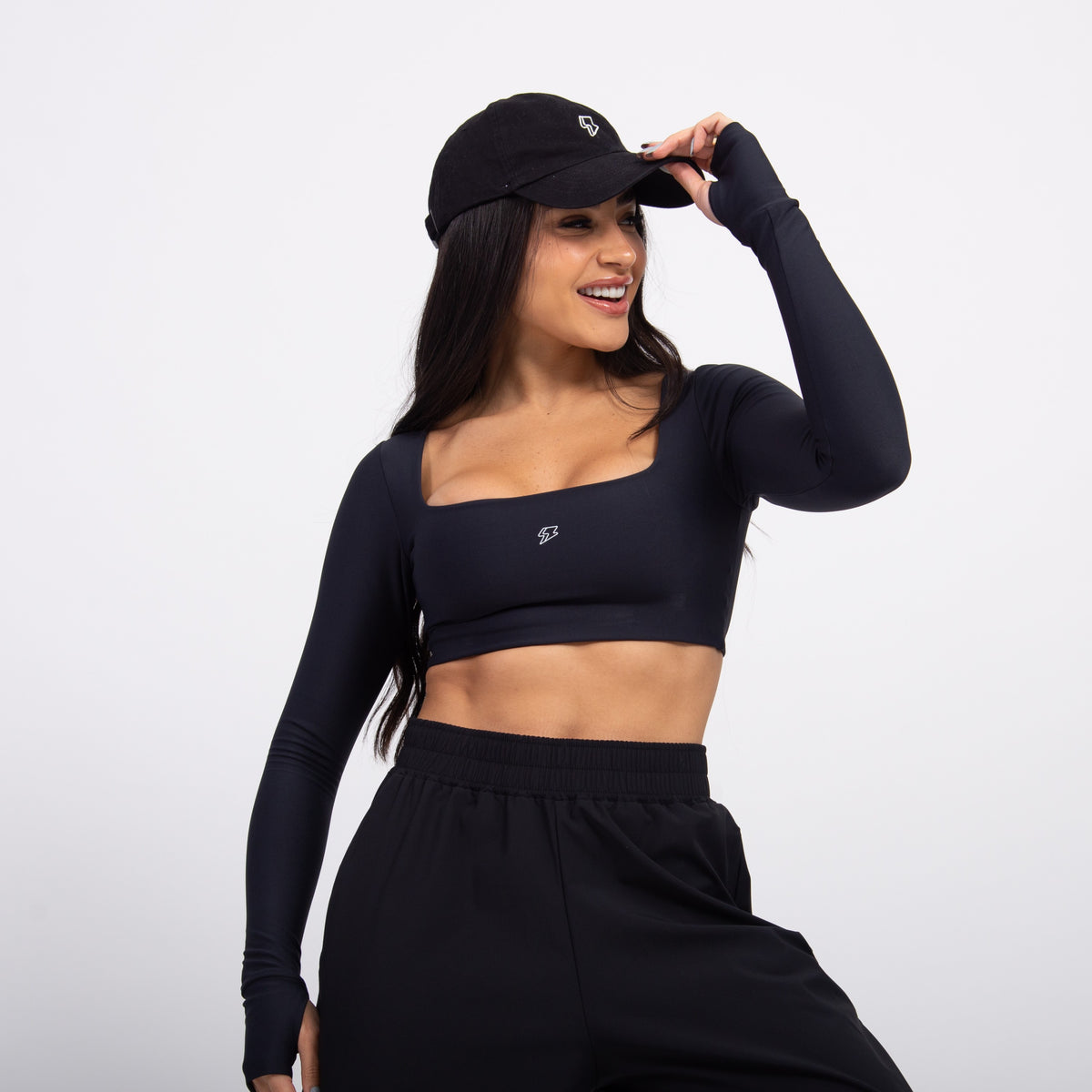 Top Cropped Manga Longa Sleek - Preto