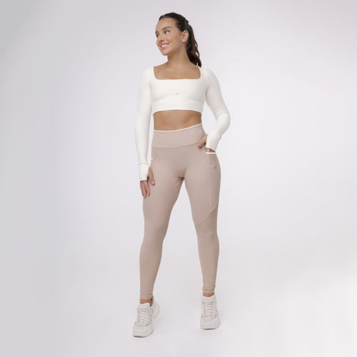 Legging com Bolso Fita Bicolor - Café com Leite &amp;amp; Off White