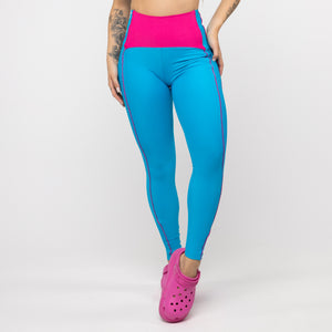 Legging Cós Anatômico Pala - Azul Malibu com Vivo Pink