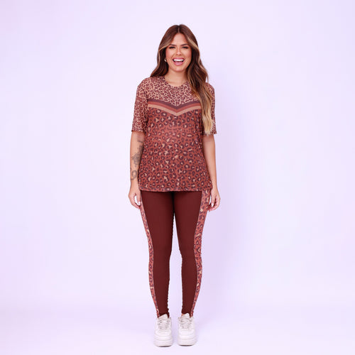 Legging Cós Anatômico Lateral Estampada - Onça Chocolate