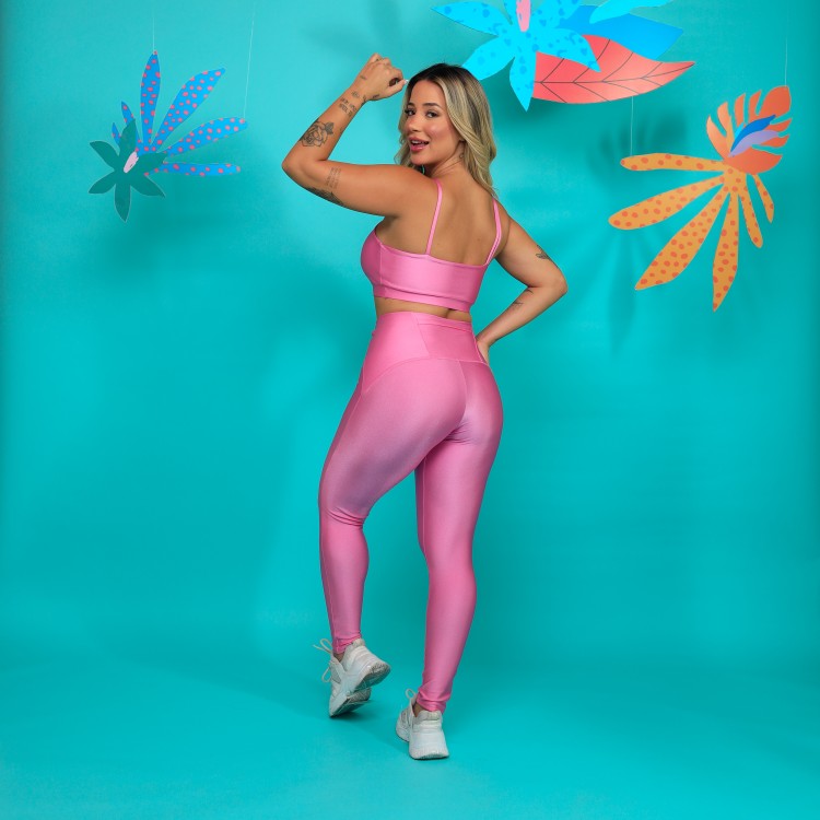 Legging Fit Bolso Cós Shine - Rosa Chiclete