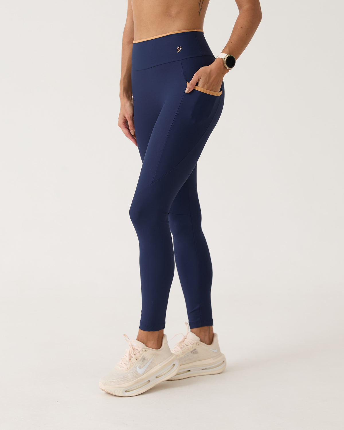 Legging com Bolso Fita Bicolor - Marinho & Doce de Leite