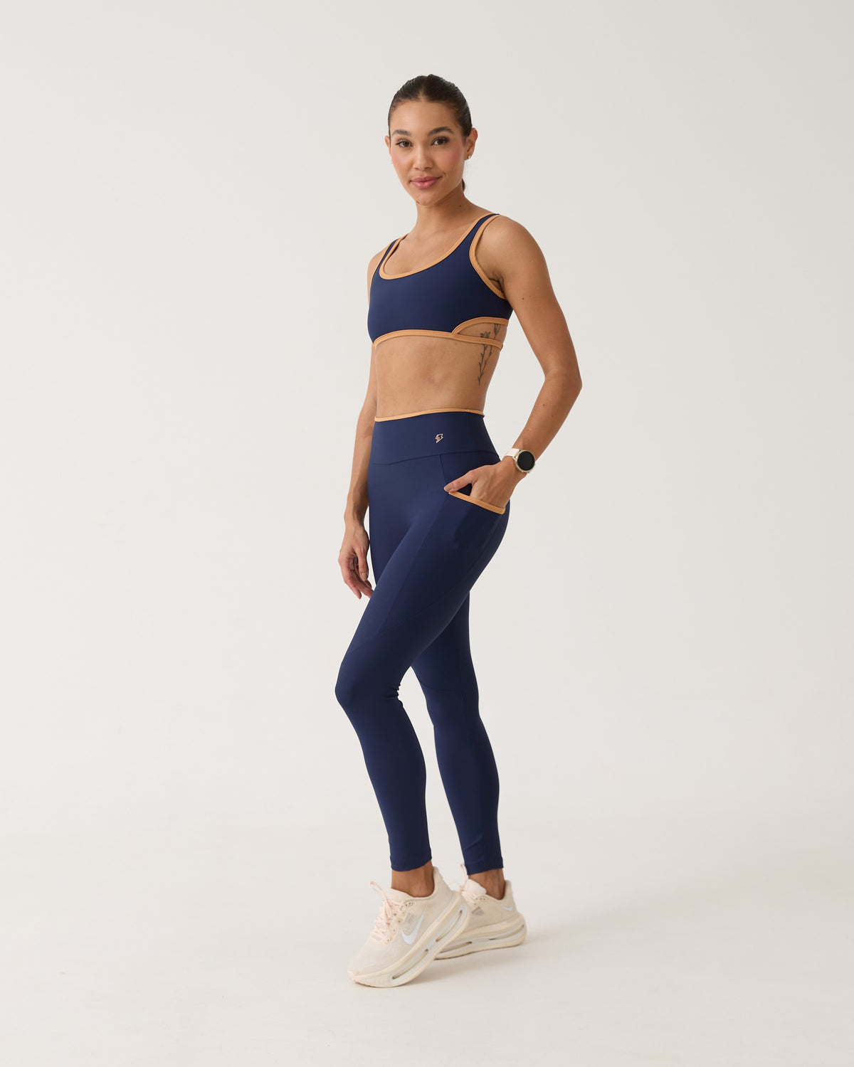 Legging com Bolso Fita Bicolor - Marinho & Doce de Leite