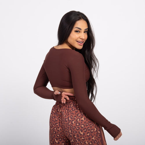Top Cropped Manga Longa Sleek - Café