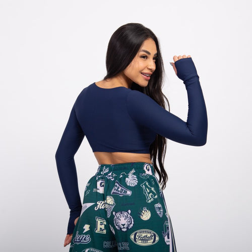 Top Cropped Manga Longa Sleek - Marinho