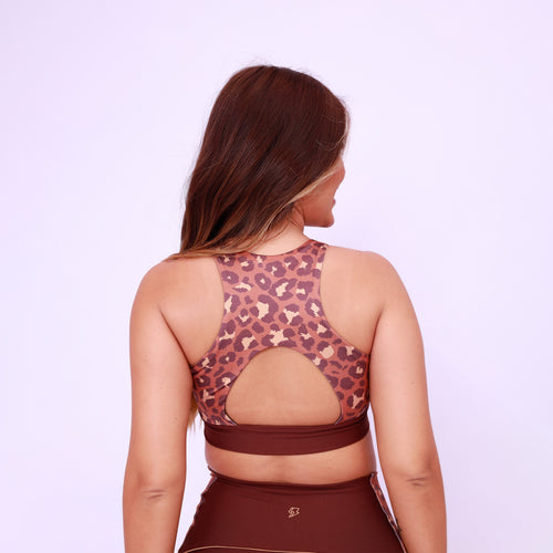 Top Assimétrico Abertura Costas Estampado - Onça Chocolate